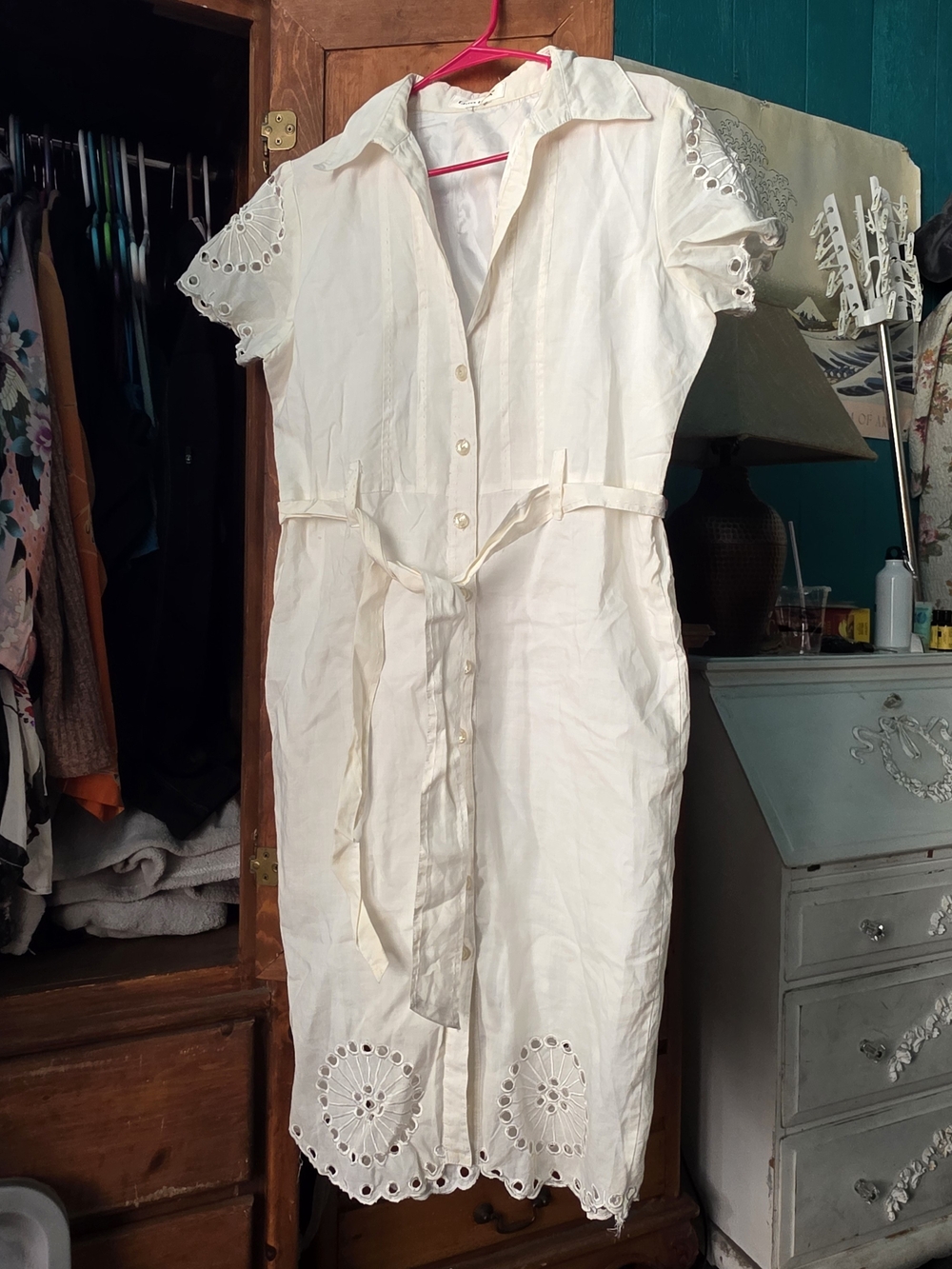 Women's Cream Eyelet Shirt Dress with Waist Tie